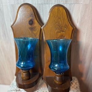 Wood Wall Sconce Elegant Blue Glass Candle Holders MCM Vintage